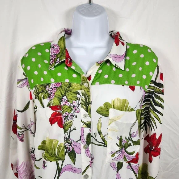 Fig &‎ Flower Tropical Floral Print Polka Dot Button Up Shirt Tunic Blouse 2X - Picture 5 of 9